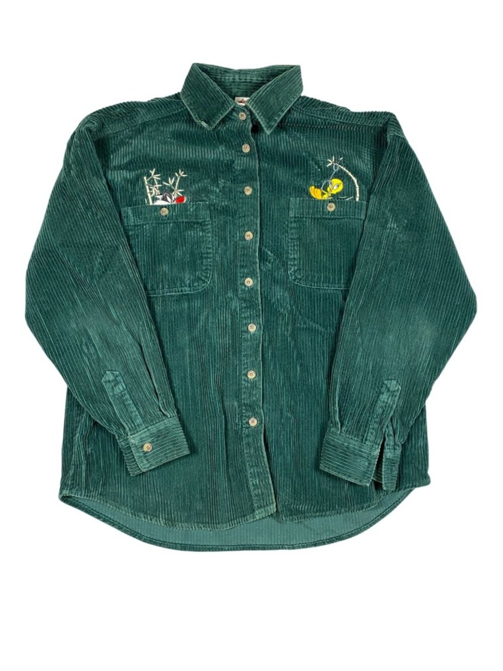 Vintage Looney Tunes Womens M Green Corduroy Shirt Embroidered Button Up